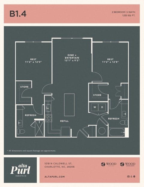 Floor plan for 2 beds, 2 baths, 1125 sqft